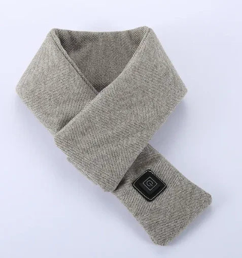 Gray herringbone heated neck wrap with black control button for warmth and comfort