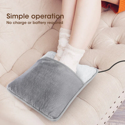 Gray plush electric foot warmer with white lining, plug-in design for cozy home use