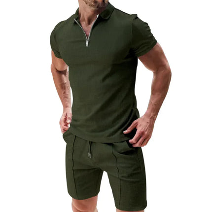 Men’s Waffle Knit Polo Shirt & Drawstring Shorts Set – Stylish Casual Summer Outfit