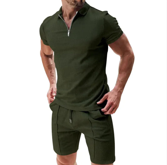 Men’s 2-Piece Waffle Knit Polo Shirt & Drawstring Shorts Set – Stylish Casual Summer Outfit