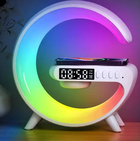 3-in-1 Smart G Lamp with Bluetooth speaker, wireless charger, RGB night light, and alarm clock on modern desk