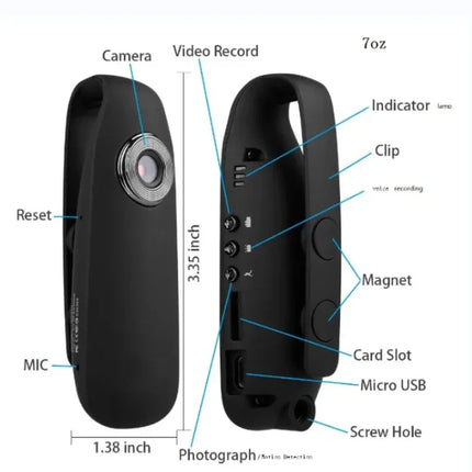 Compact black body camera with clip, magnet, micro USB, card slot, 3.35-inch design for video recording & motion detection