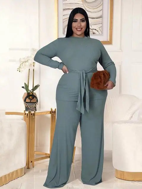 Plus Size Two Piece Set – Long Sleeve Top & Tailored Pants (XL–5XL)