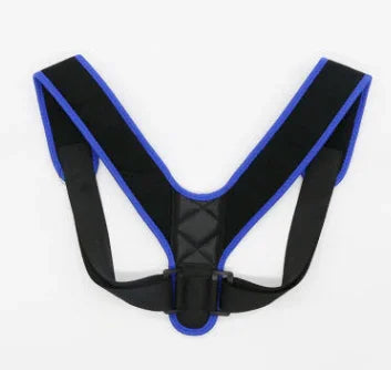 Black and blue posture corrector brace with adjustable straps for back support and alignment