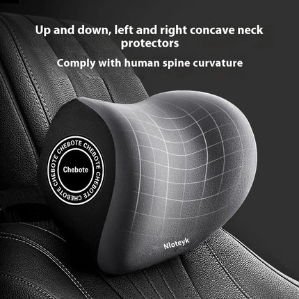 Black ergonomic car neck pillow with concave design, grid texture, and spine-supporting contour for comfort