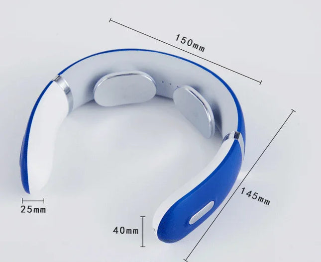 Blue and white neck massager with dimensions, designed for relaxation and muscle relief