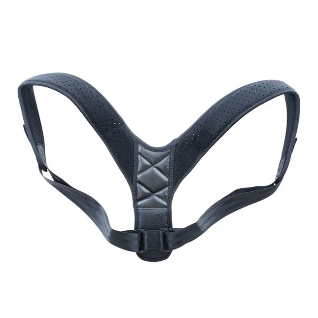 Black posture corrector with breathable mesh straps and quilted back support for shoulder alignment