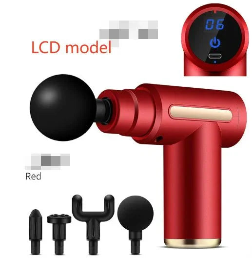 Red LCD massage gun with interchangeable heads for muscle recovery and relaxation