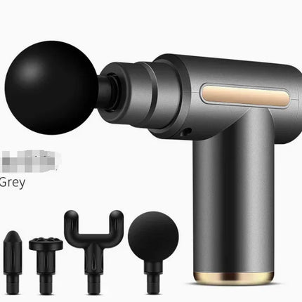 Grey massage gun with black attachments, ergonomic design, gold accents, for muscle recovery