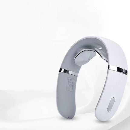 White and gray neck massager with chrome accents, ergonomic design for shoulder and neck relief