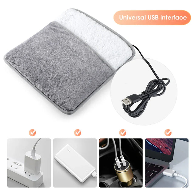 Gray plush USB heating pad with universal interface for laptops, power banks, and car chargers
