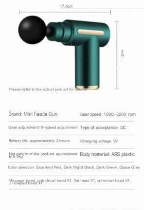 Dark Green Mini Fascia Gun with 6-Speed Adjustment, Spherical Head, ABS Plastic Body, 1800-3200 RPM