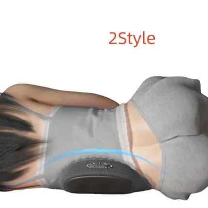 Gray back massager with blue vibration lines, worn by woman for lumbar relief, 2Style design