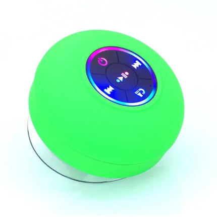 Green waterproof Bluetooth speaker with colorful LED controls for shower or pool use