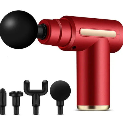 Red handheld massage gun with black attachments, portable muscle therapy device for sore relief