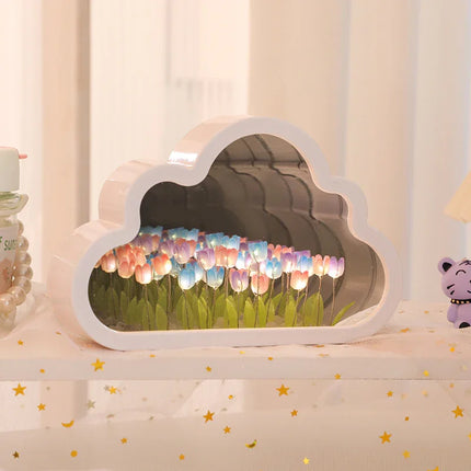 Cloud-shaped LED night light with colorful tulip design, white frame, soft ambient glow for bedroom decor