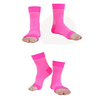 Bright pink toeless compression socks with ribbed texture, designed for foot support and comfort.