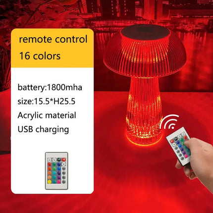Red LED mushroom lamp with 16-color remote control, acrylic design, USB charging, 1800mAh battery