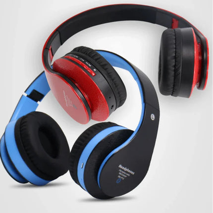 Wireless Bluetooth headphones with red and blue color options, foldable design, and built-in controls for music and calls