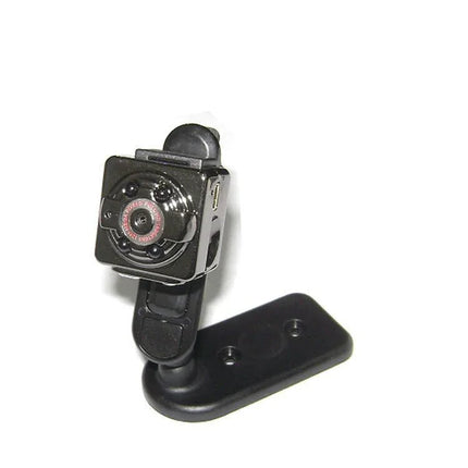 Compact black mini camera with clip mount, HD lens, and USB port for home security or discreet recording