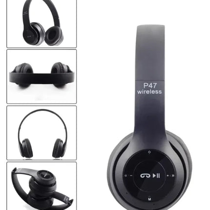 Black P47 wireless headphones with sleek design and control buttons for music playback