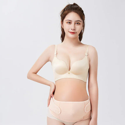 Beige postpartum belly support belt with breathable mesh, worn with matching bra for postnatal recovery