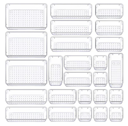 25-Piece Clear Plastic Drawer Organizer Set – Multi-Size Storage Bins for Makeup, Gadgets & More
