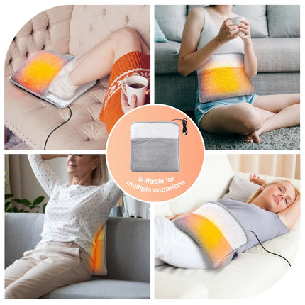 Gray electric heating pad for back, neck, and abdomen relief with cozy design and multiple uses