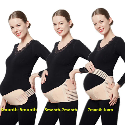 Beige maternity support belt for pregnancy, adjustable design for 3-7+ months, shown on pregnant woman in black lace top
