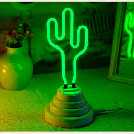 Green neon cactus lamp with tiered base, glowing decor for modern home or office