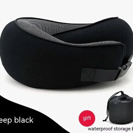 Deep black travel neck pillow with mesh design and waterproof storage bag for comfort