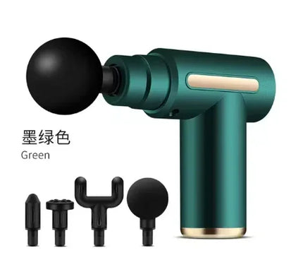 Green handheld massage gun with black attachments, ergonomic design for muscle relief