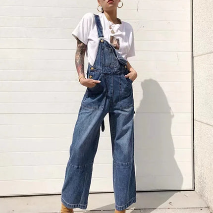 Loose Fit Denim Strappy Overalls with Pockets – Women’s Casual Street Style