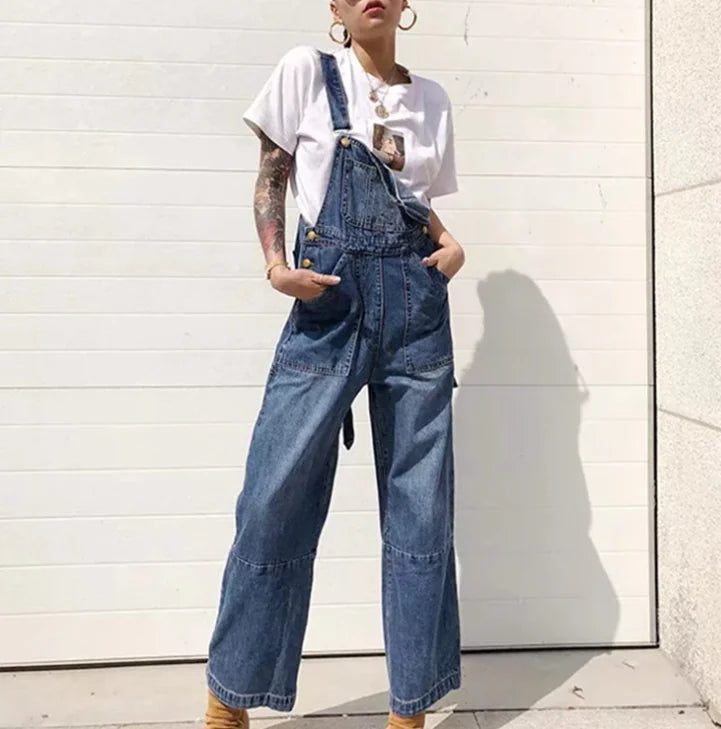 Loose Fit Denim Strappy Overalls with Pockets – Women’s Casual Street Style