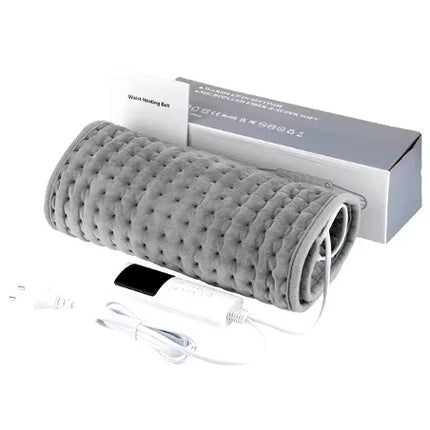 Gray quilted electric waist heating belt with controller and USB power cord, for back pain relief