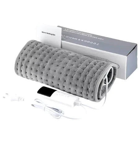 Gray quilted electric waist heating belt with controller and USB power cord, for back pain relief