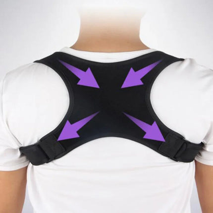 Black posture corrector with purple arrows, adjustable shoulder straps for back support and alignment
