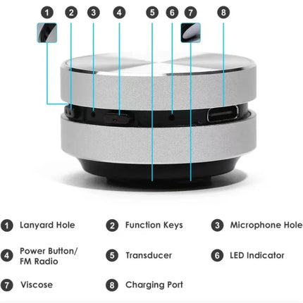 Silver portable speaker with function keys, mic hole, LED indicator, and charging port