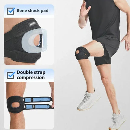 Black knee brace with bone shock pad and double strap compression for support during运动