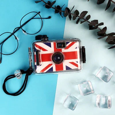 Waterproof action camera with Union Jack design, red white blue, underwater use, wrist strap included