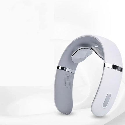 White and gray neck massager with chrome accents, designed for shoulder and neck relaxation