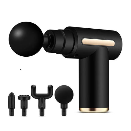 Black massage gun with gold accents and interchangeable heads for muscle recovery