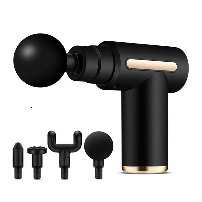 Black massage gun with gold accents and interchangeable heads for muscle recovery