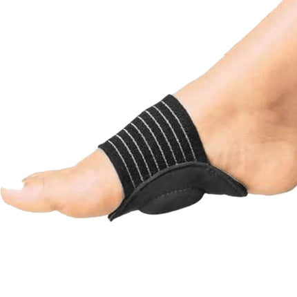 Black foot arch support brace with white stripes for plantar fasciitis relief and comfort