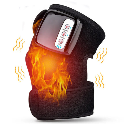 Black heated knee brace with massage & timer controls, emits warmth for pain relief