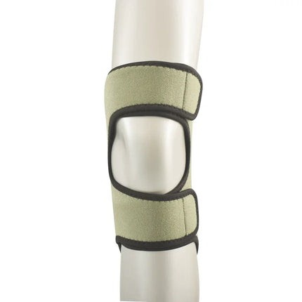 Olive green knee brace with black trim, adjustable support for joint stability and comfort