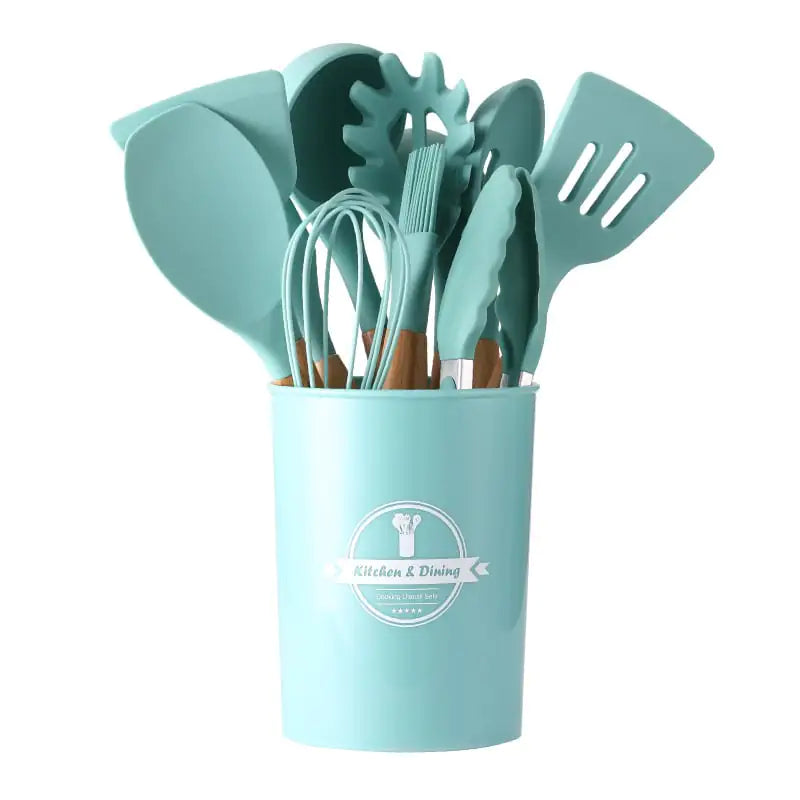 Ensemble d'ustensiles de cuisine antiadhésifs en silicone, 12 pièces, avec poignées en bois, résistants à la chaleur et lavables au lave-vaisselle