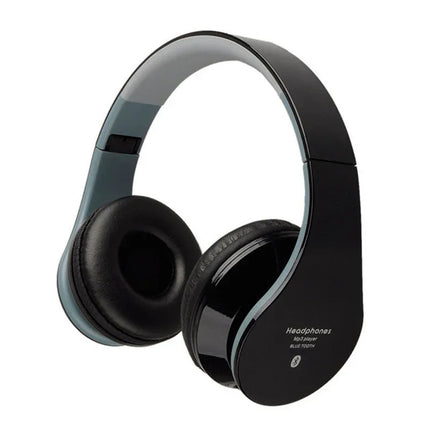 Black wireless Bluetooth headphones with MP3 player, sleek design, and gray accents