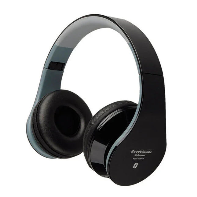 Black wireless Bluetooth headphones with MP3 player, sleek design, and gray accents