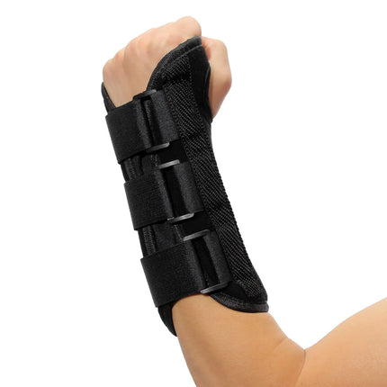 Black wrist brace with adjustable straps for support and stability, ideal for injury recovery or sports protection